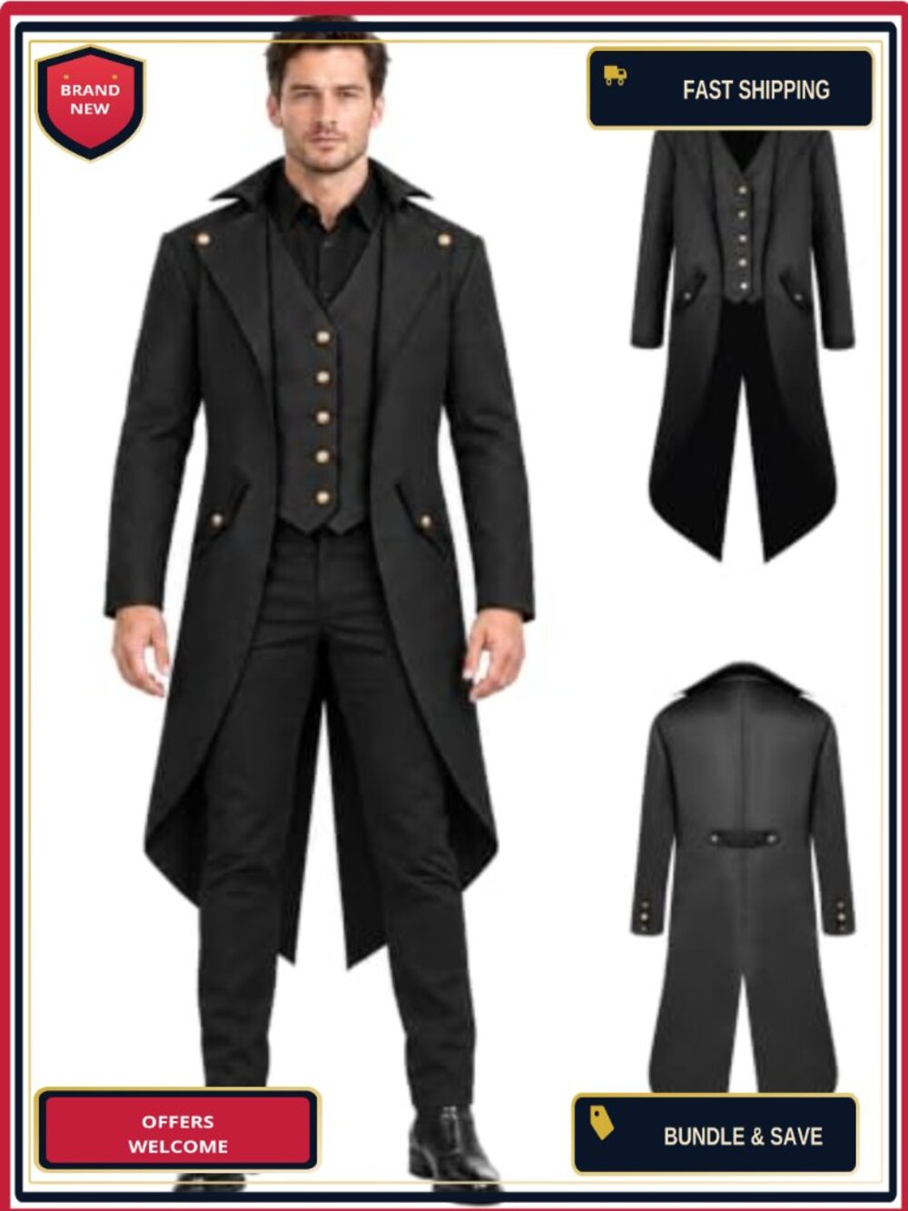 Men's Pirate Renaissance Goth Tailcoat Jacket Halloween Cosplay Costume